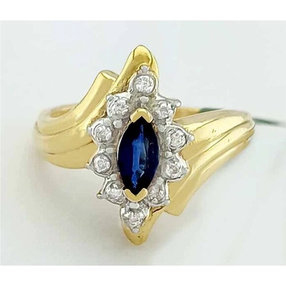 Genuine 0.25 Cts Blue Sapphire & Diamond Ring Solid 14k Gold - Picture 1 of 5